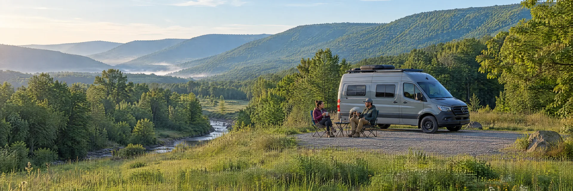 Illustration of campers enjoying morning coffee beside a camper van in a fictional camping setting inspired by Spring Mills, PA.