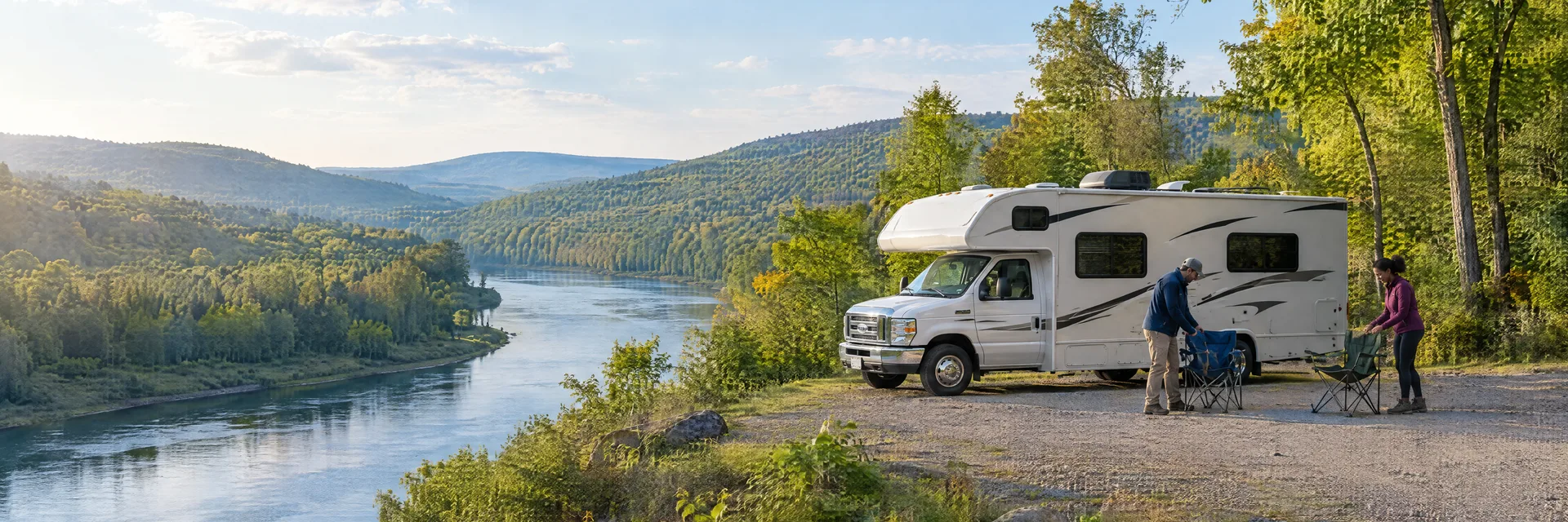 Illustration of campers enjoying setting up camp beside a Class C motorhome in a fictional camping setting inspired by Starlight, PA.