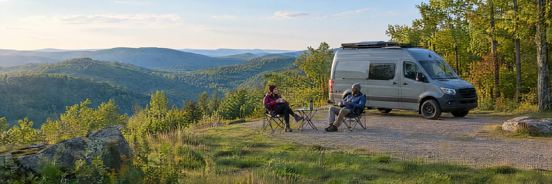 Illustration of campers enjoying morning coffee beside a camper van in a fictional camping setting inspired by Summit Hill, PA.