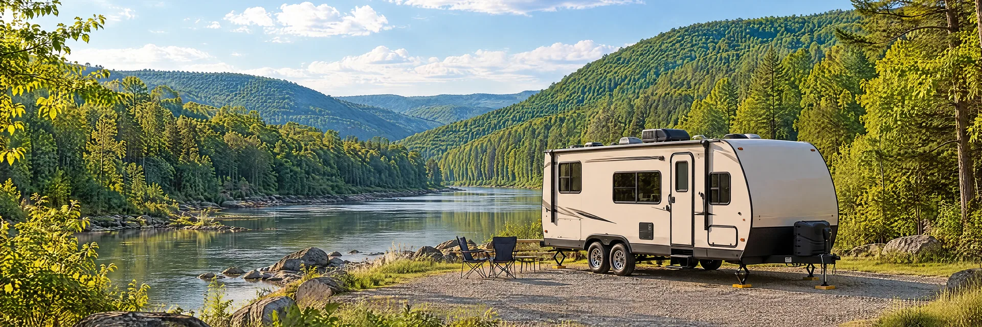 Illustration of a ivory tandem-axle travel trailer with visible hitch and stabilizers at a fictional camping setting inspired by Tionesta, PA.