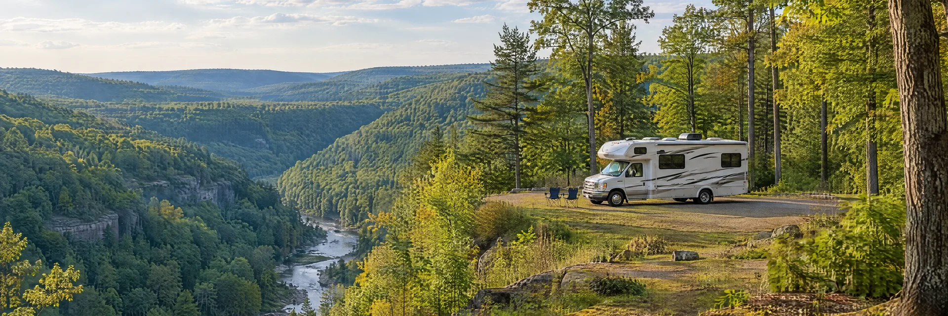 Illustration of a Class C motorhome at a fictional camping setting inspired by Wellsboro, PA.