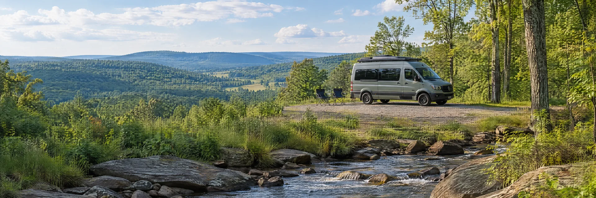 Illustration of a camper van at a fictional camping setting inspired by Woodland, PA.