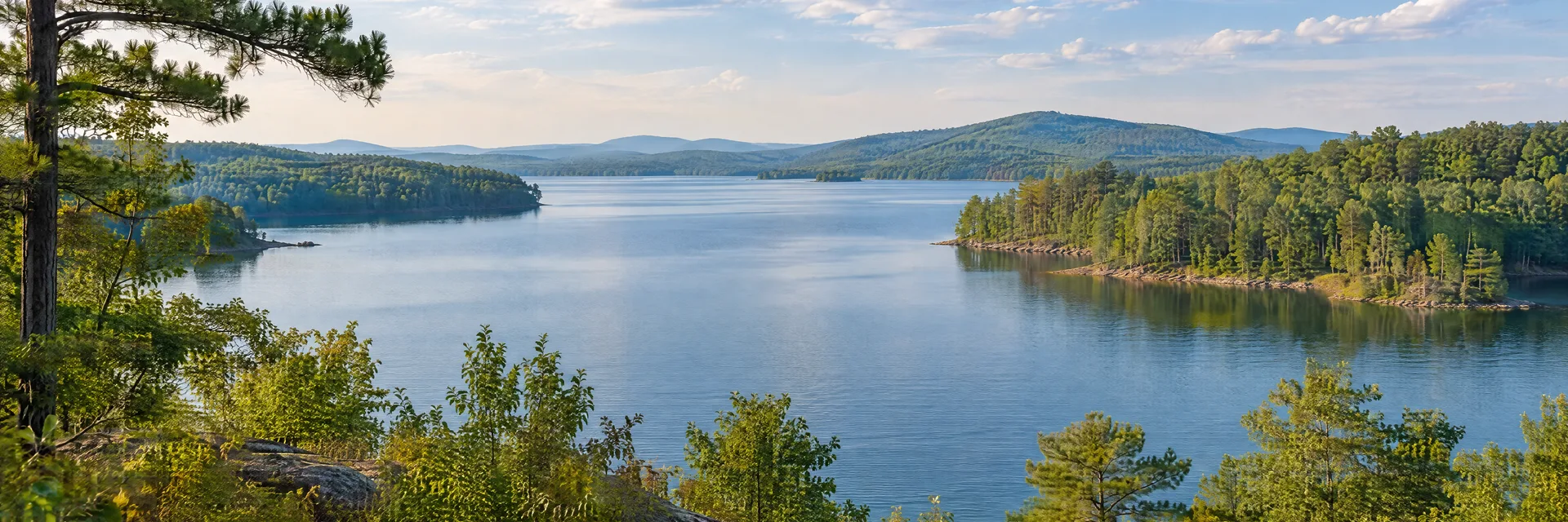 Illustration inspired by Anderson, SC: south Carolina Piedmont lake with wooded shoreline and gently rolling hills.