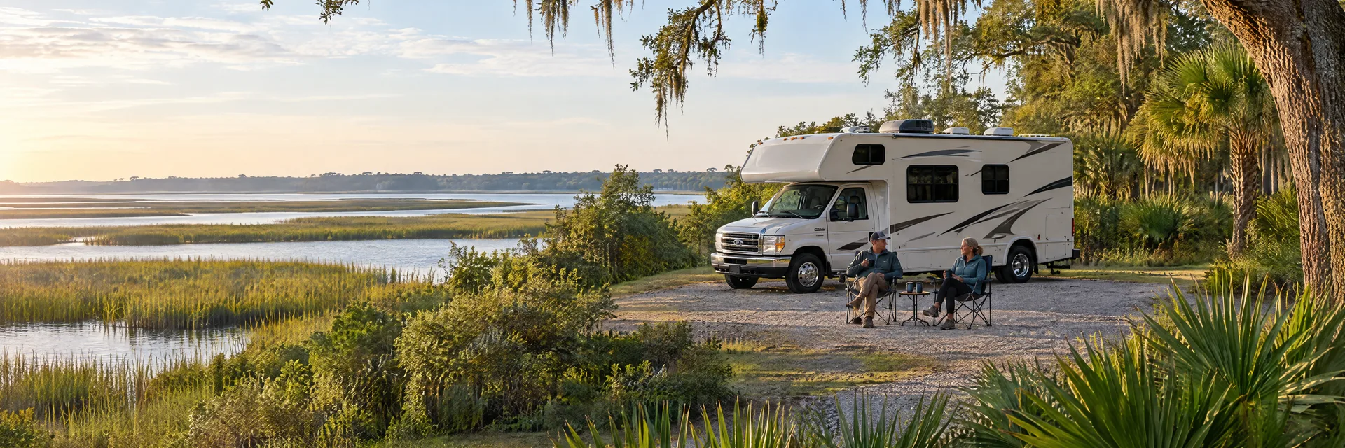 Illustration of campers enjoying morning coffee beside a Class C motorhome in a fictional camping setting inspired by Charleston, SC.