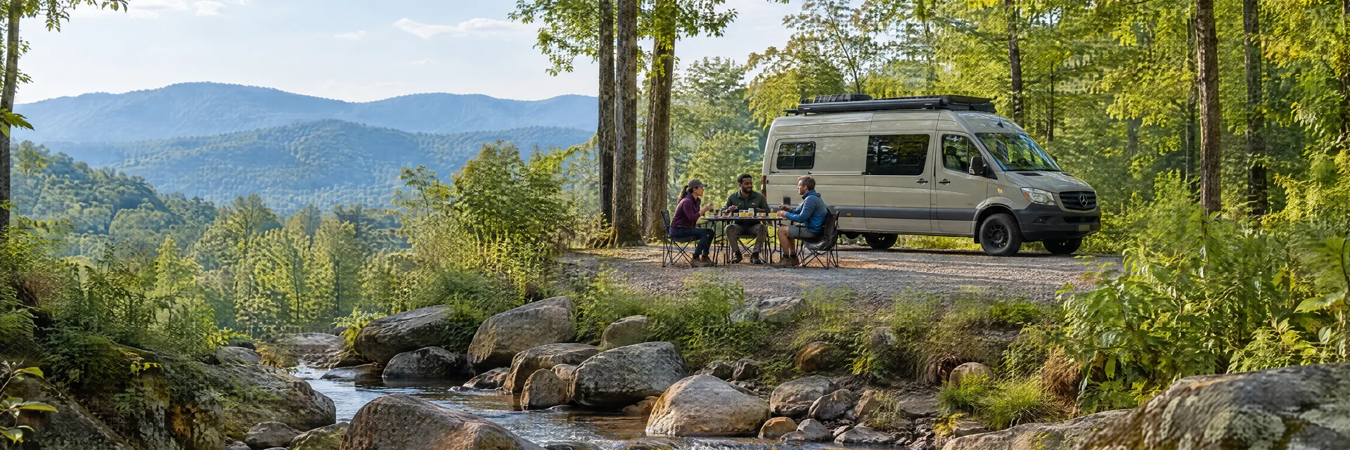 Illustration of campers enjoying an outdoor meal beside a camper van in a fictional camping setting inspired by Greenville, SC.