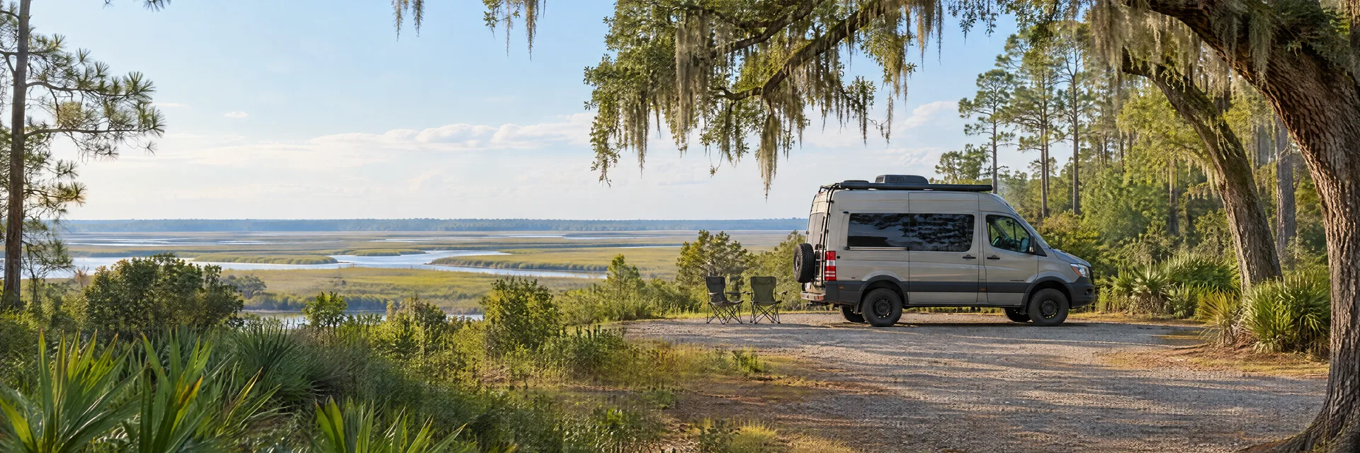 Illustration of a camper van at a fictional camping setting inspired by Hardeeville, SC.