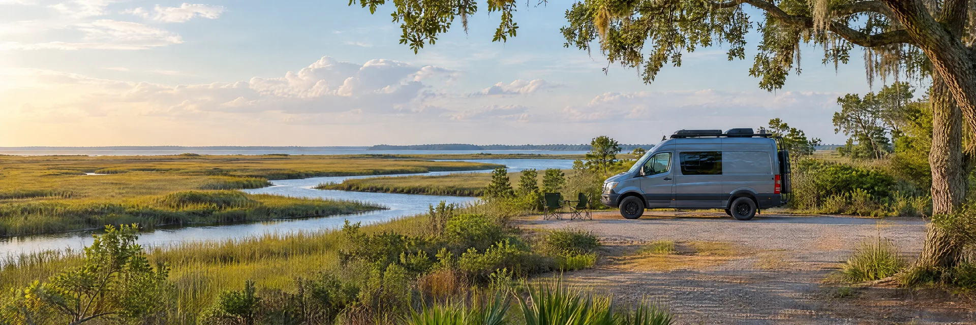 Illustration of a camper van at a fictional camping setting inspired by Murrells Inlet, SC.