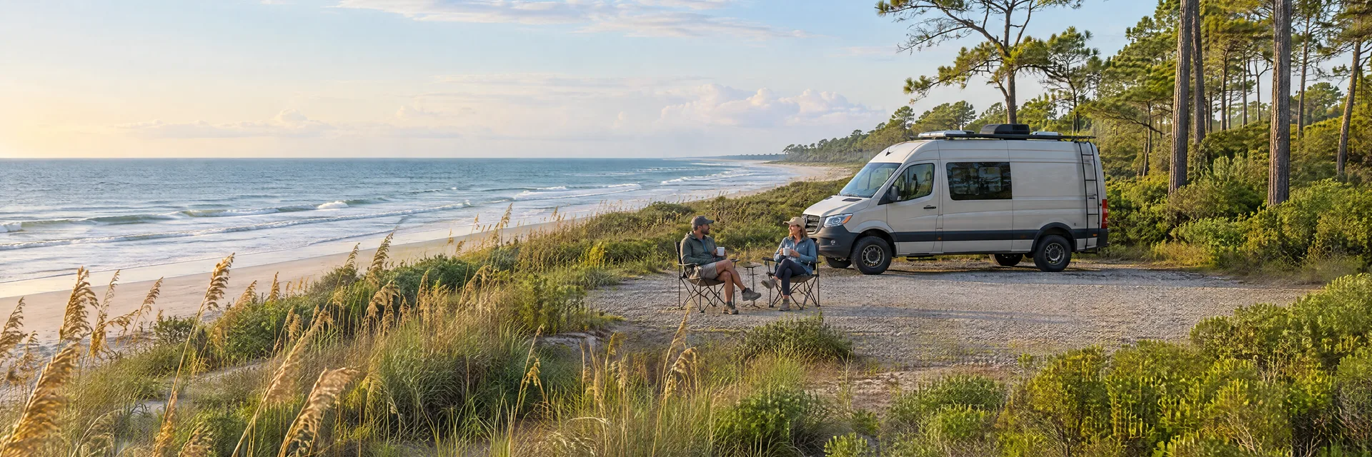 Illustration of campers enjoying morning coffee beside a camper van in a fictional camping setting inspired by Myrtle Beach, SC.