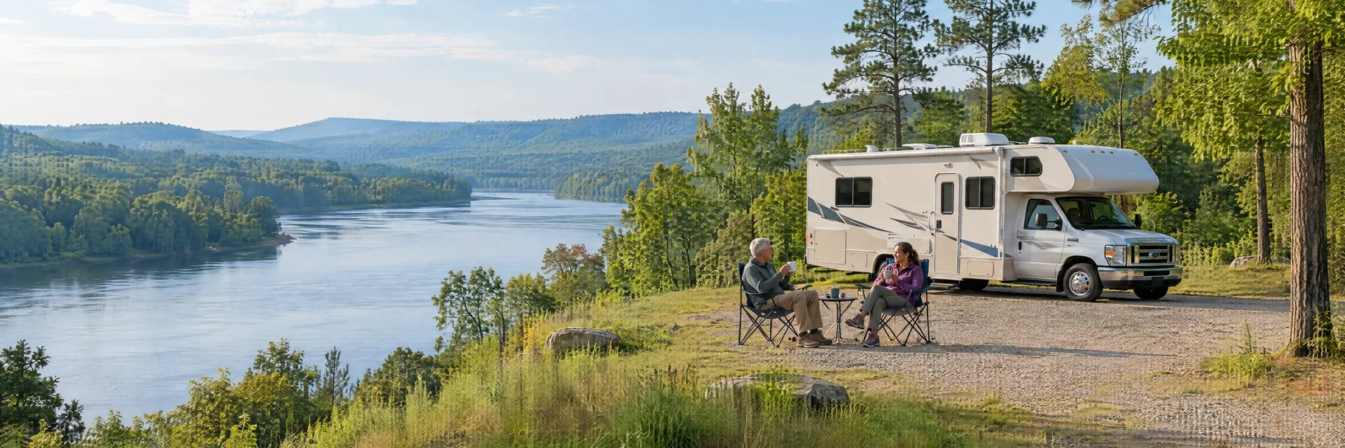 Illustration of campers enjoying morning coffee beside a Class C motorhome in a fictional camping setting inspired by Rock Hill, SC.