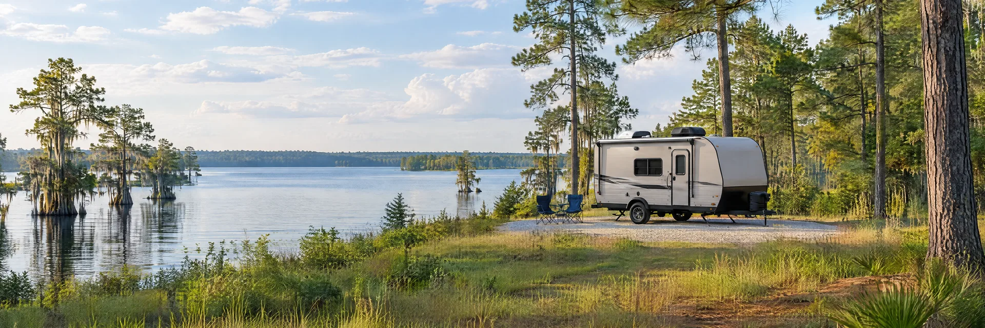 Illustration of a compact travel trailer at a fictional camping setting inspired by Santee, SC.
