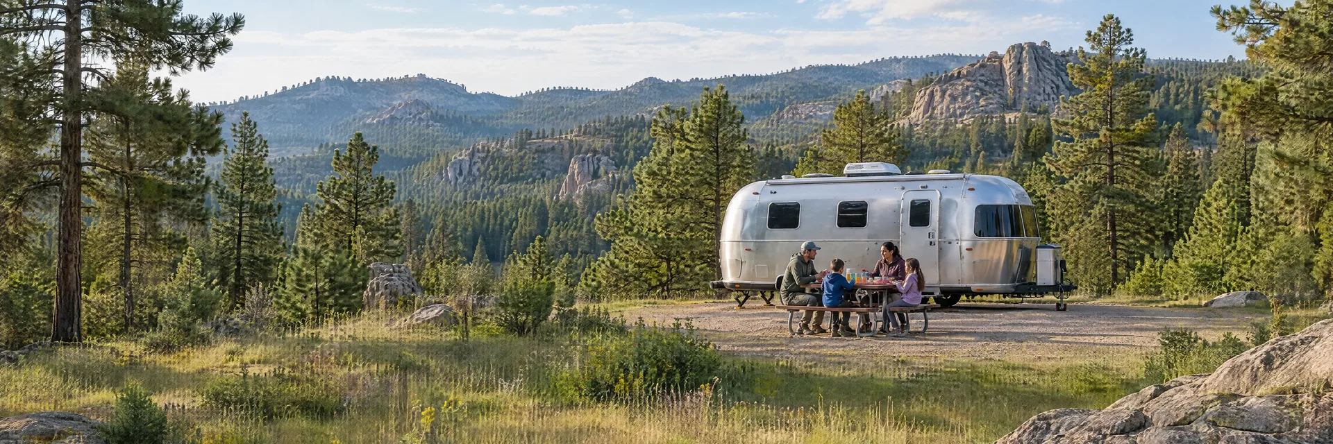 Illustration of campers enjoying a family picnic beside a rounded silver travel trailer in a fictional camping setting inspired by Custer, SD.