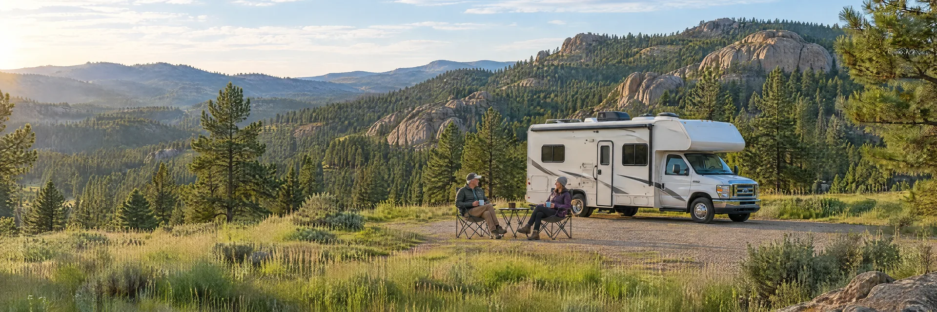 Illustration of campers enjoying morning coffee beside a Class C motorhome in a fictional camping setting inspired by Keystone, SD.