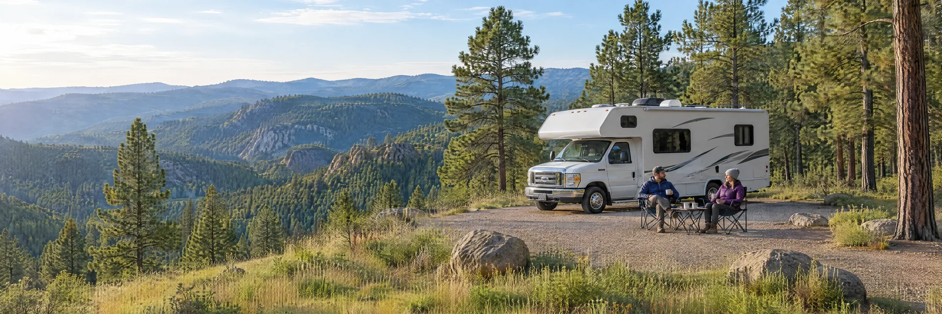 Illustration of campers enjoying morning coffee beside a Class C motorhome in a fictional camping setting inspired by Lead, SD.