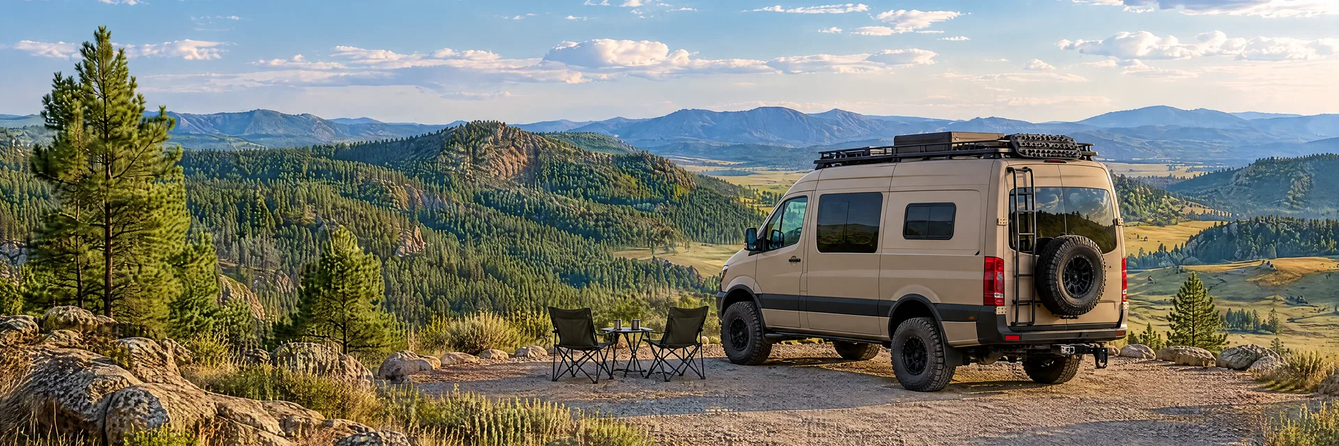 Illustration of a sand-colored rugged campervan at a fictional camping setting inspired by Sturgis, SD.
