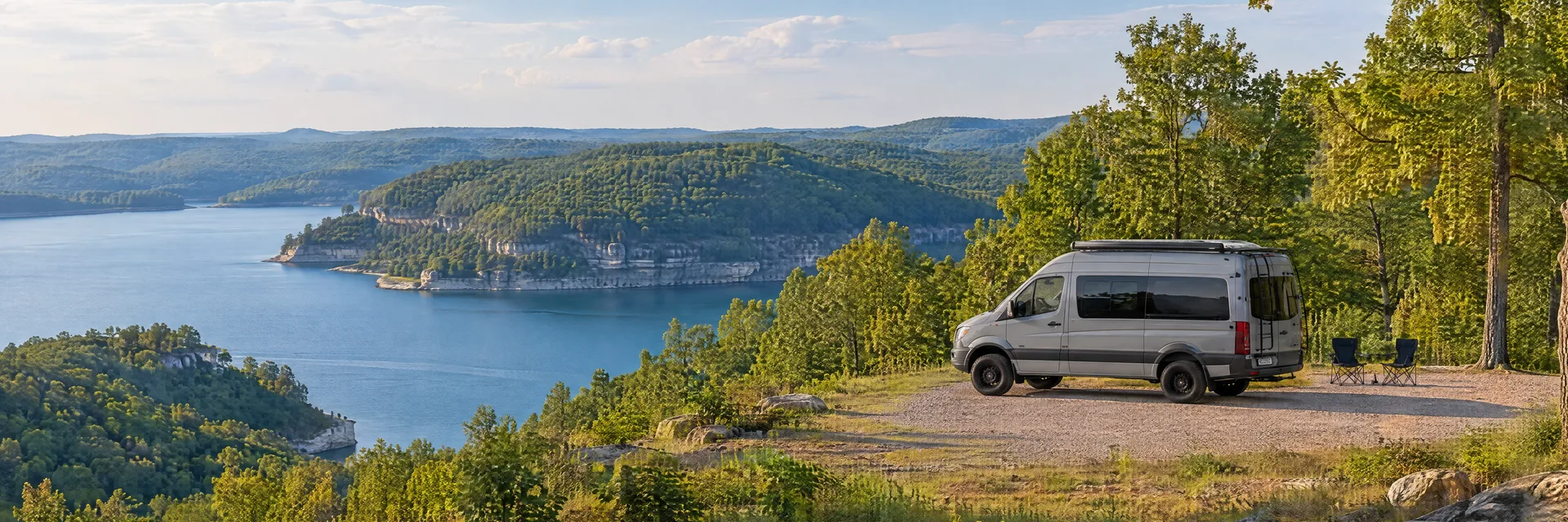 Illustration of a camper van at a fictional camping setting inspired by Baxter, TN.