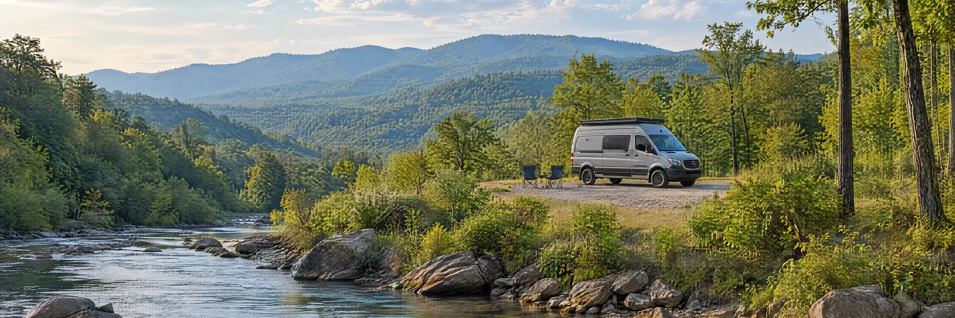 Illustration of a camper van at a fictional camping setting inspired by Benton, TN.