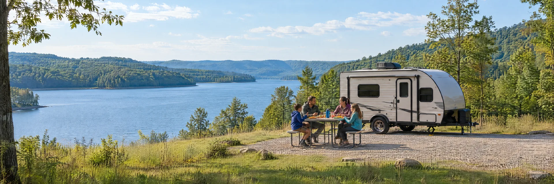 Illustration of campers enjoying a family picnic beside a compact travel trailer in a fictional camping setting inspired by Bumpus Mills, TN.