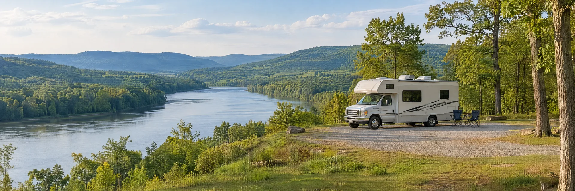 Illustration of a Class C motorhome at a fictional camping setting inspired by Calhoun, TN.