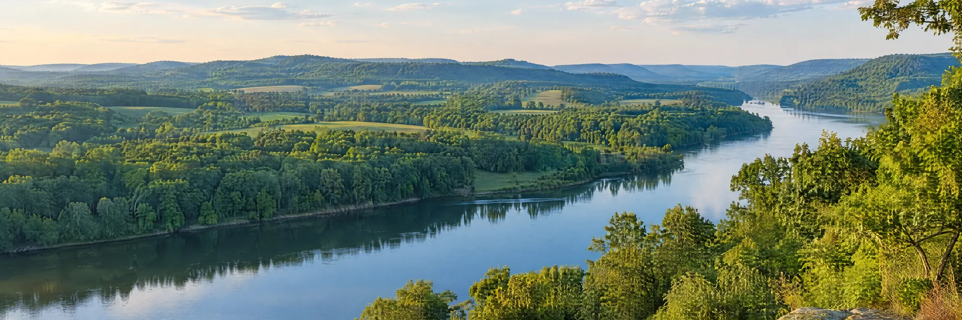 Illustration inspired by Carthage, TN: middle Tennessee river valley, green rolling hills, hardwood woods and calm freshwater.