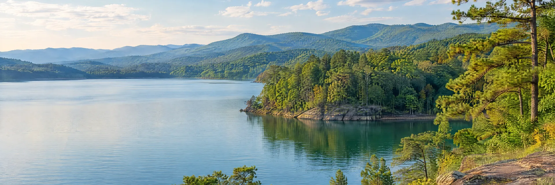 Illustration inspired by Cleveland, TN: southeastern Tennessee foothills, quiet freshwater cove, mixed pine and hardwood woodland and layered green hills.
