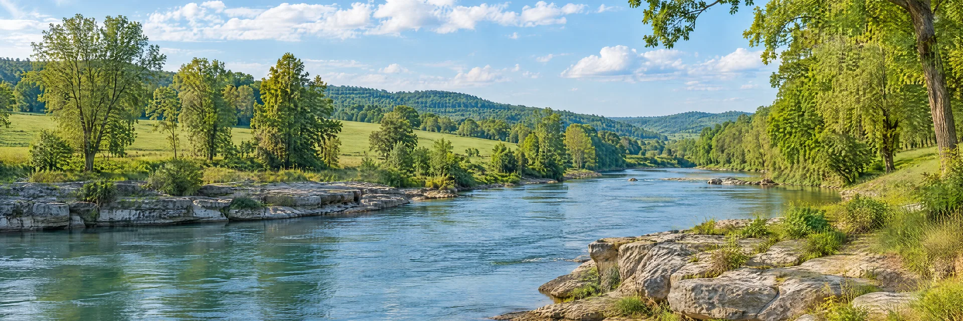 Illustration inspired by Columbia, TN: middle Tennessee countryside, clear gently flowing river, limestone banks, mature hardwood trees and rolling green pasture.