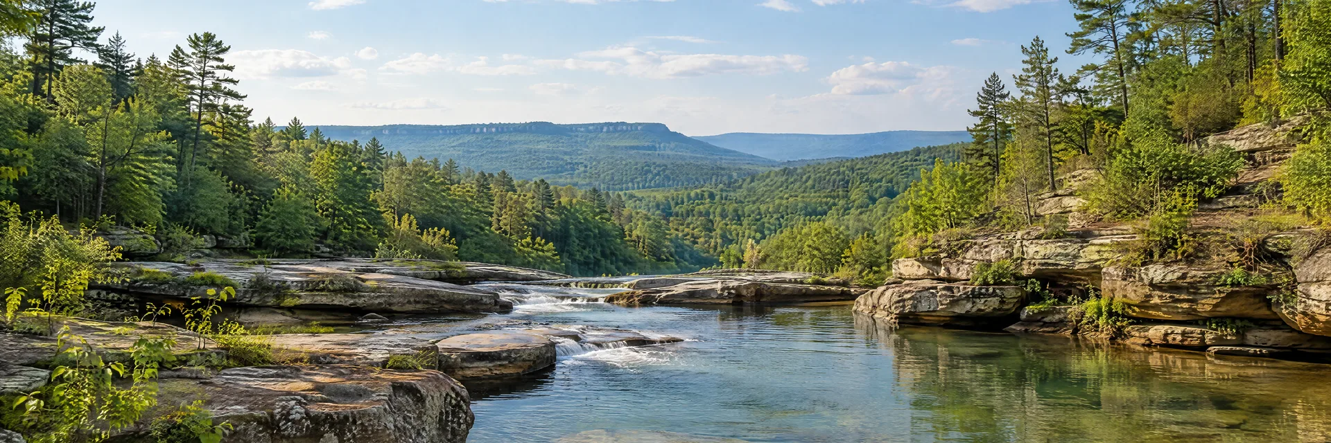 Illustration inspired by Cookeville, TN: tennessee plateau forest with clear creek and natural sandstone ledges.