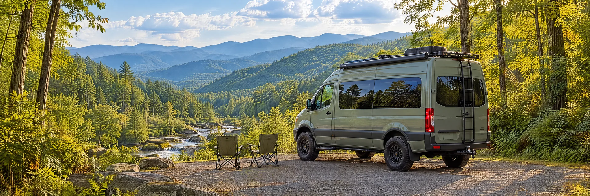 Illustration of a sage-green modern campervan at a fictional camping setting inspired by Cosby, TN.