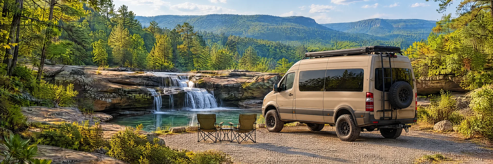 Illustration of a sand-colored rugged campervan at a fictional camping setting inspired by Crossville, TN.