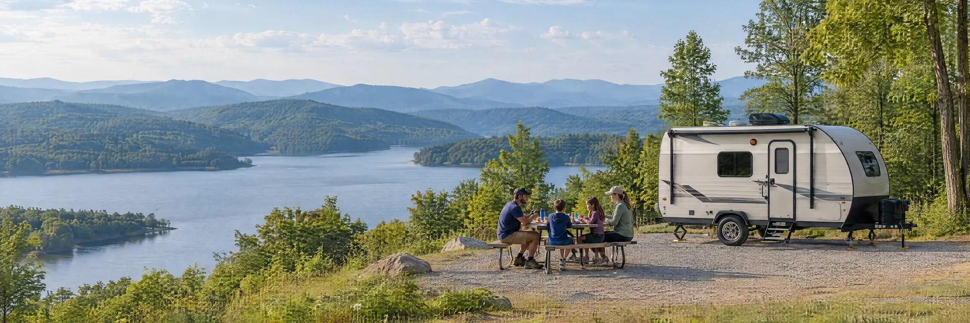 Illustration of campers enjoying a family picnic beside a compact travel trailer in a fictional camping setting inspired by Dandridge, TN.