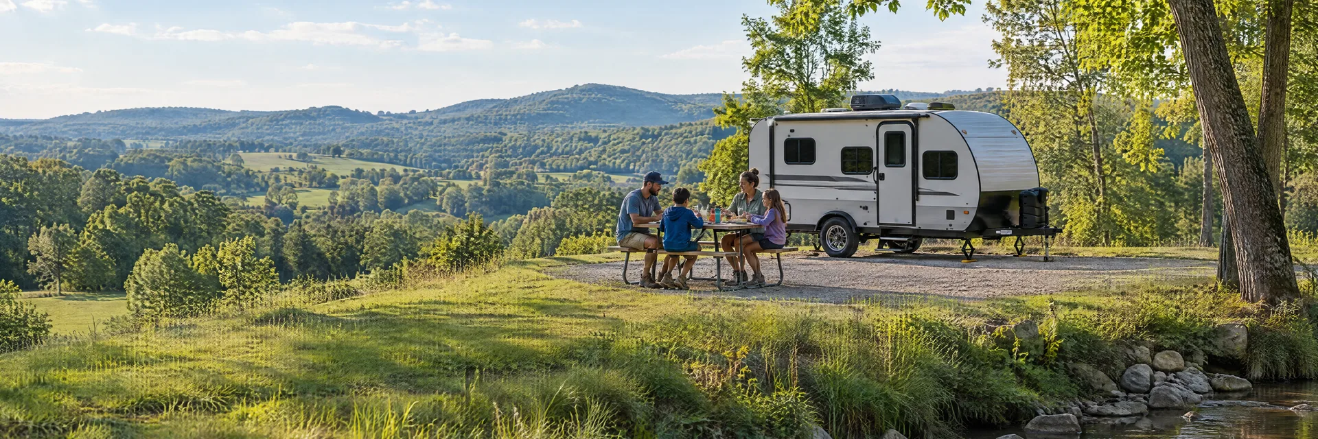 Illustration of campers enjoying a family picnic beside a compact travel trailer in a fictional camping setting inspired by Franklin, TN.