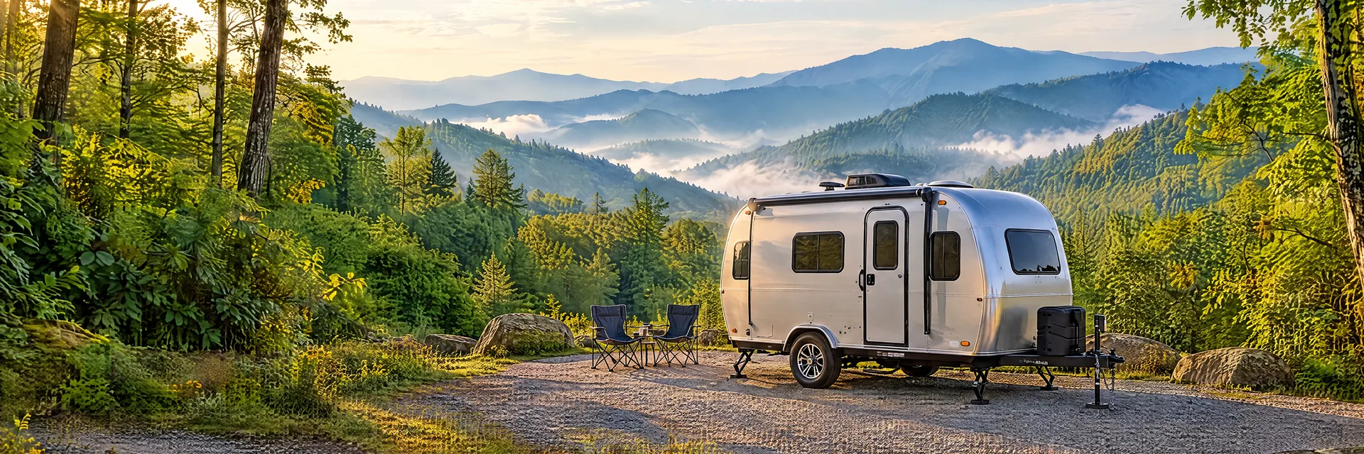 Illustration of a silver compact single-axle travel trailer with visible hitch and stabilizers at a fictional camping setting inspired by Gatlinburg, TN.