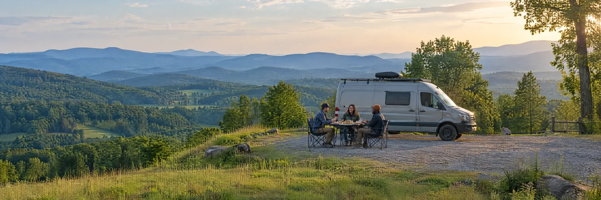Illustration of campers enjoying an outdoor meal beside a camper van in a fictional camping setting inspired by Greeneville, TN.