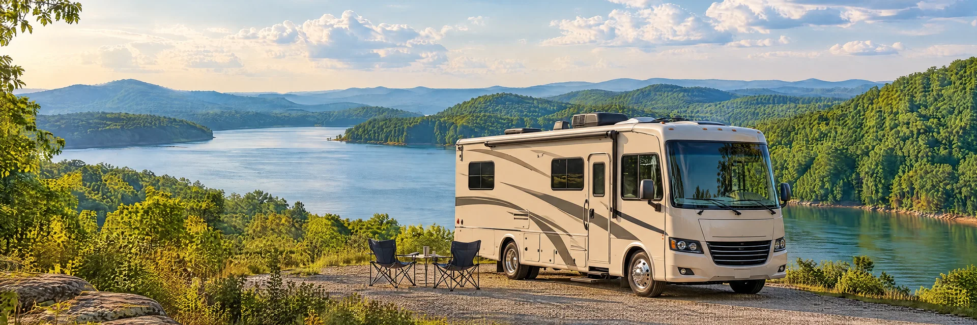 Illustration of a cream Class A motorhome with restrained charcoal trim at a fictional camping setting inspired by Knoxville, TN.