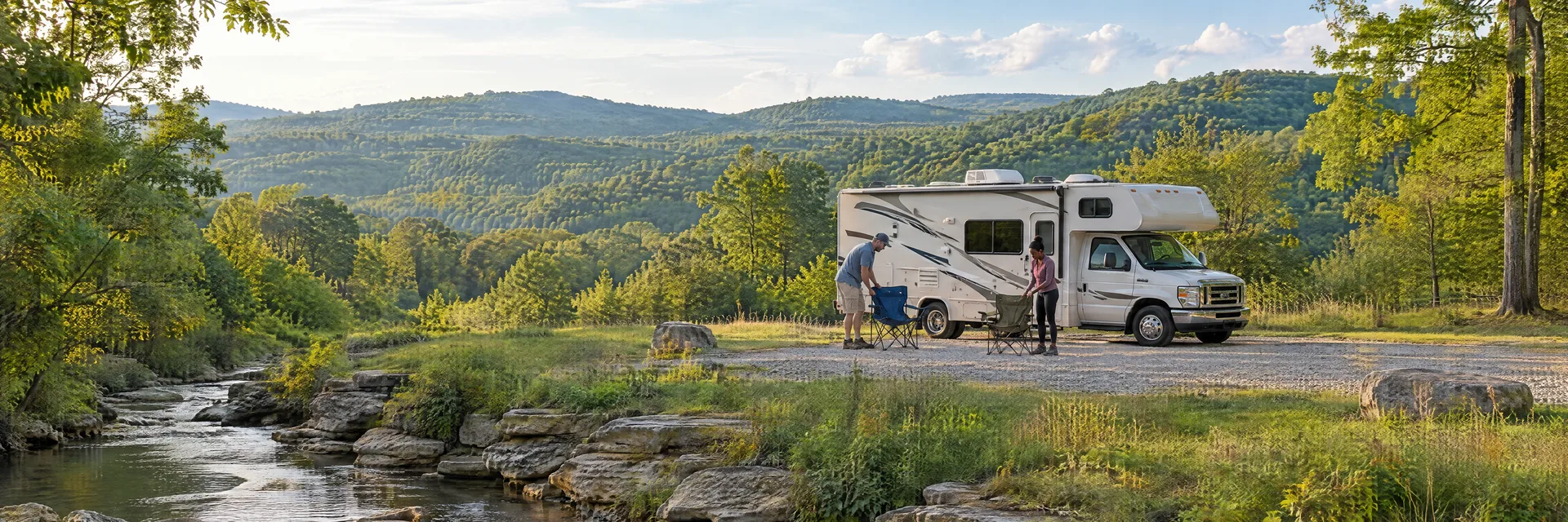 Illustration of campers enjoying setting up camp beside a Class C motorhome in a fictional camping setting inspired by Manchester, TN.