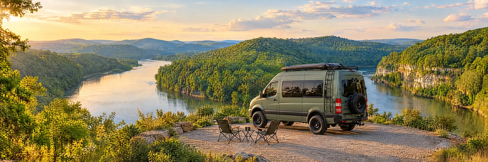 Illustration of a sage-green modern campervan at a fictional camping setting inspired by Nashville, TN.