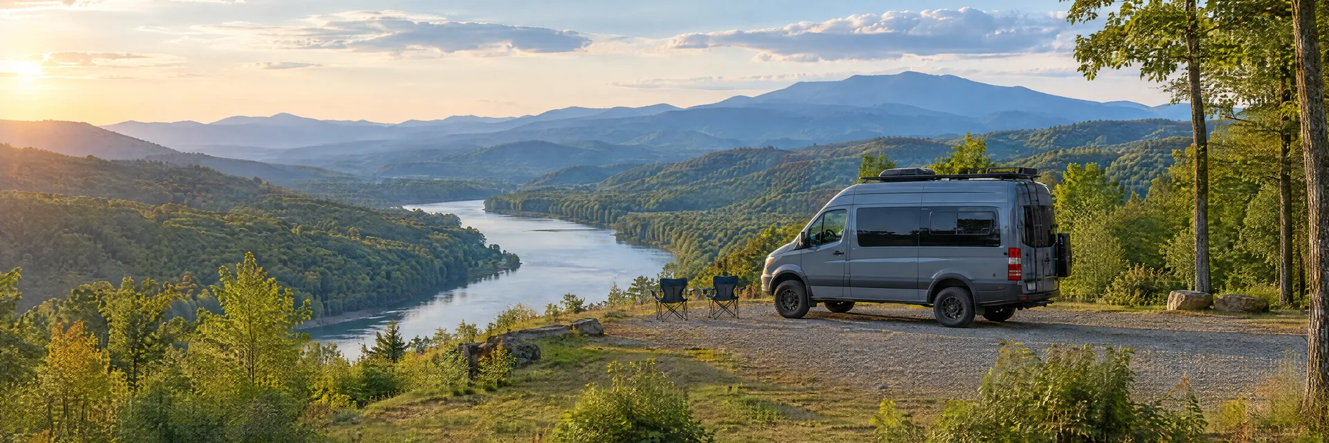 Illustration of a camper van at a fictional camping setting inspired by Newport, TN.