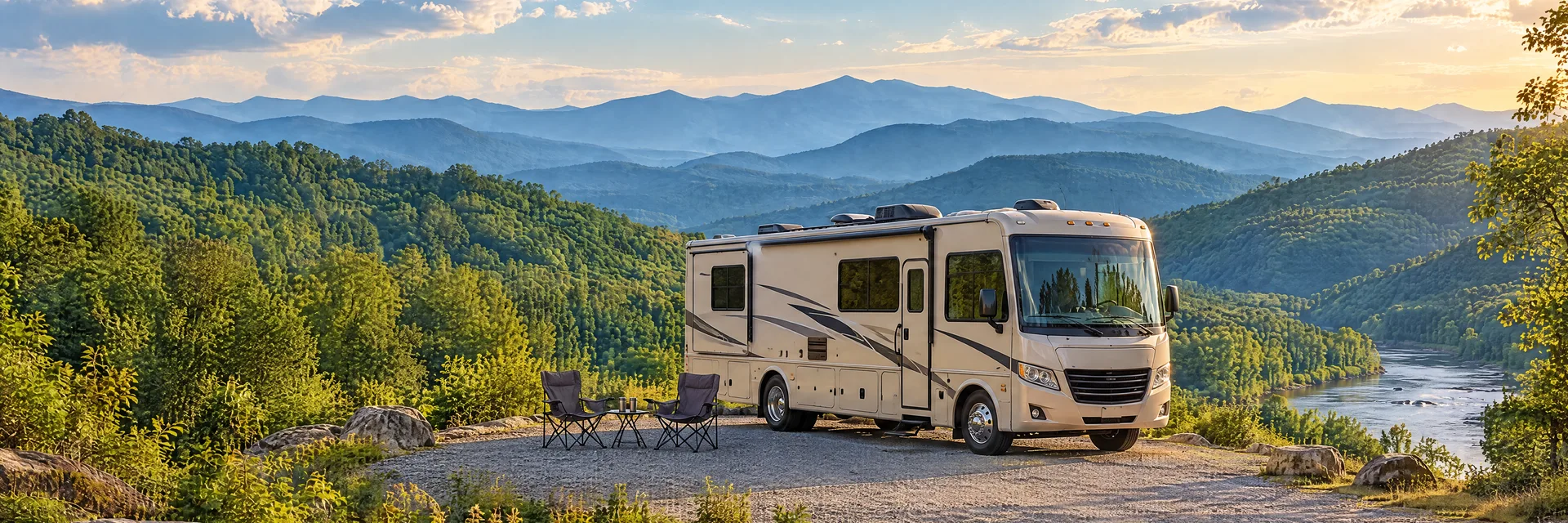 Illustration of a cream Class A motorhome with restrained charcoal trim at a fictional camping setting inspired by Pigeon Forge, TN.