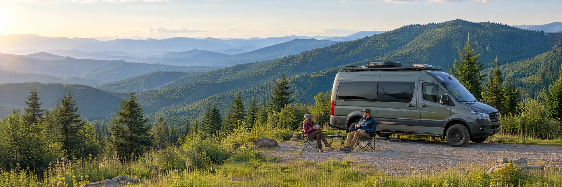 Illustration of campers enjoying morning coffee beside a camper van in a fictional camping setting inspired by Roan Mountain, TN.