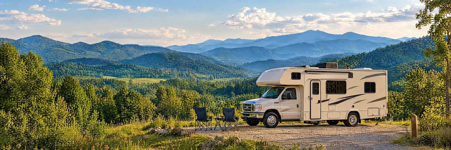 Illustration of a cream Class C motorhome with a modest overcab bunk at a fictional camping setting inspired by Sevierville, TN.