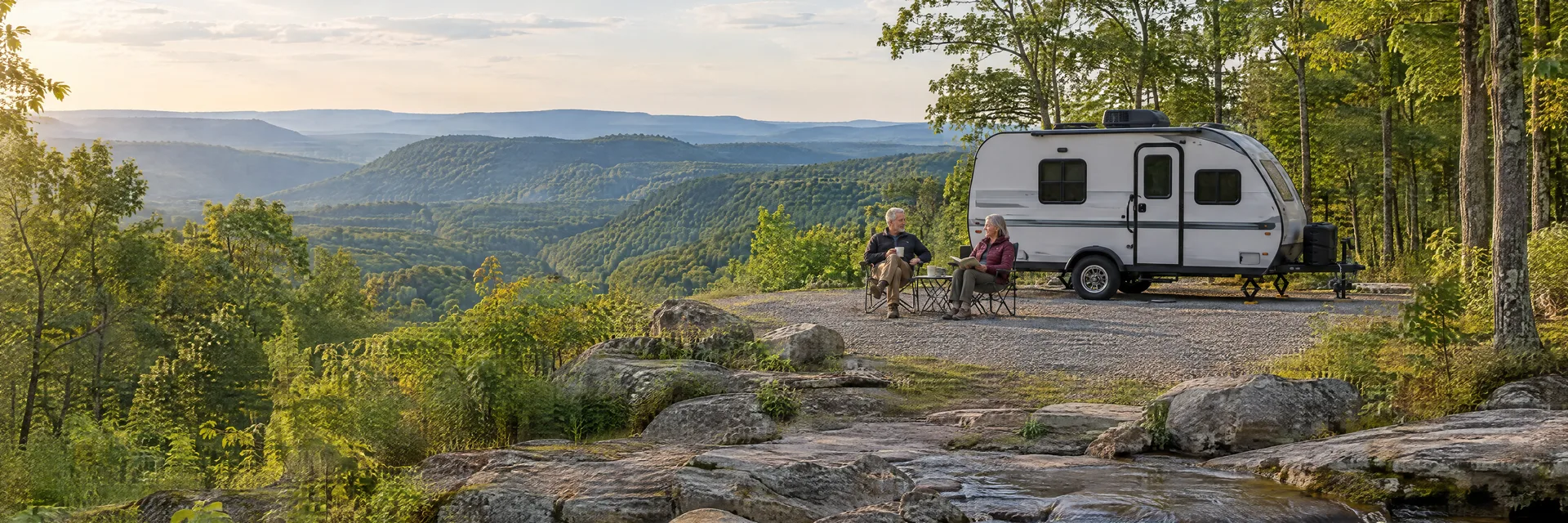 Illustration of campers enjoying relaxing at camp beside a compact travel trailer in a fictional camping setting inspired by Sparta, TN.
