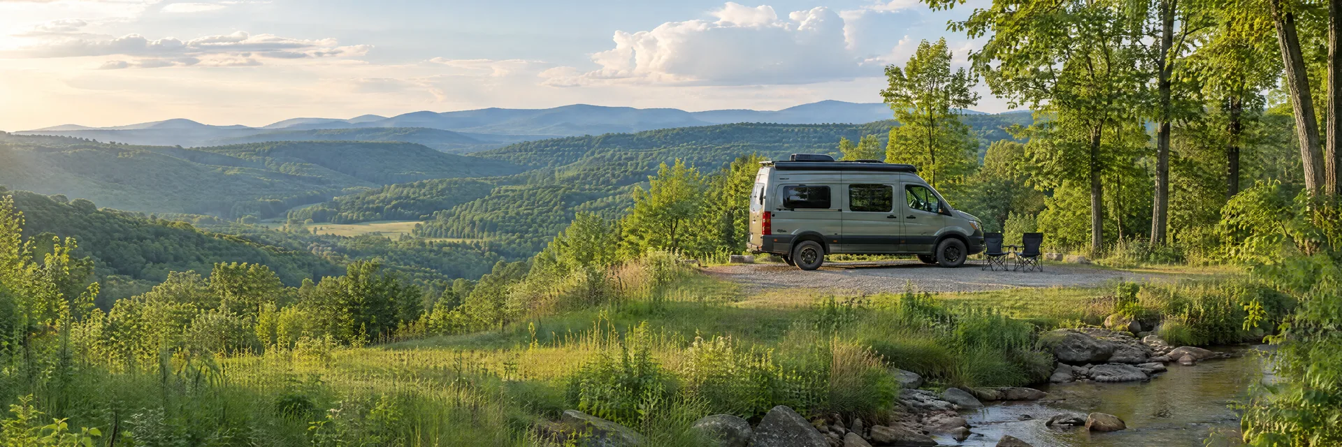 Illustration of a camper van at a fictional camping setting inspired by Sweetwater, TN.