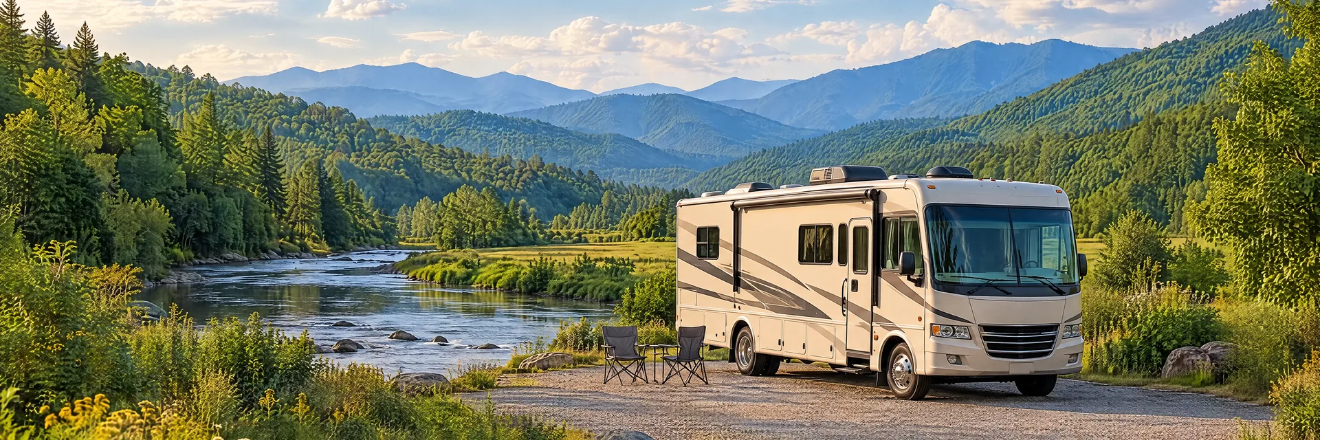 Illustration of a cream Class A motorhome with restrained charcoal trim at a fictional camping setting inspired by Townsend, TN.