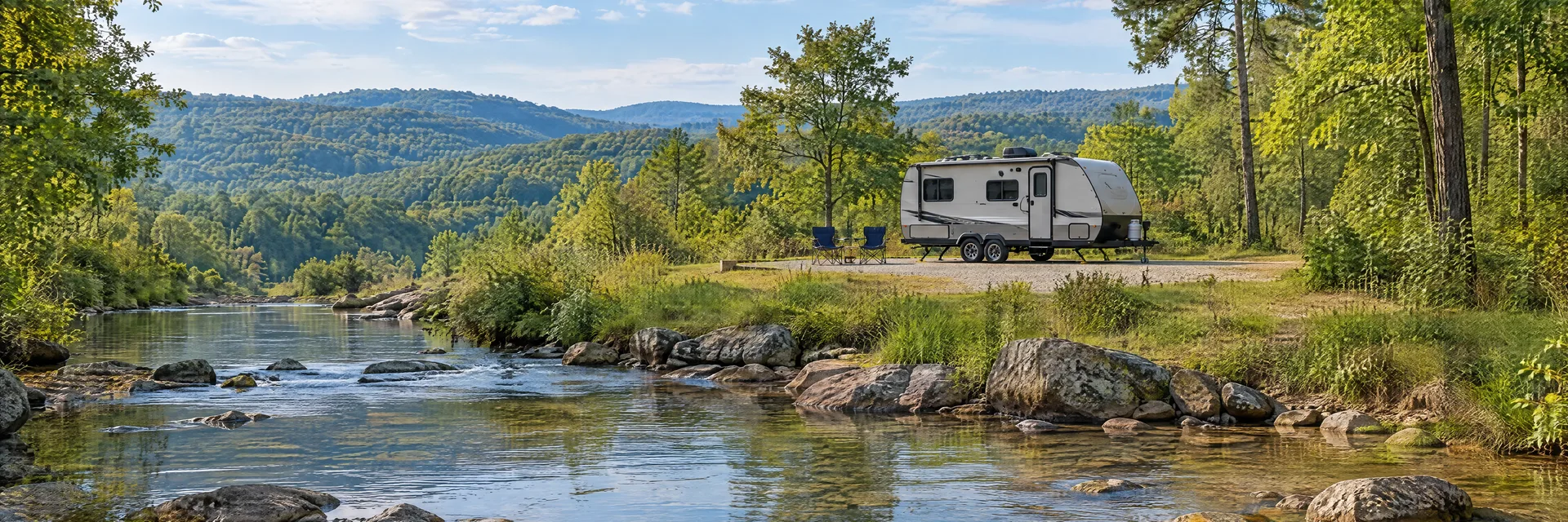 Illustration of a compact travel trailer at a fictional camping setting inspired by Westpoint, TN.