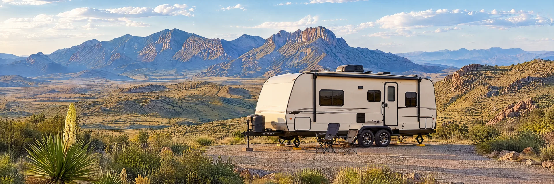 Illustration of a ivory tandem-axle travel trailer with visible hitch and stabilizers at a fictional camping setting inspired by Alpine, TX.
