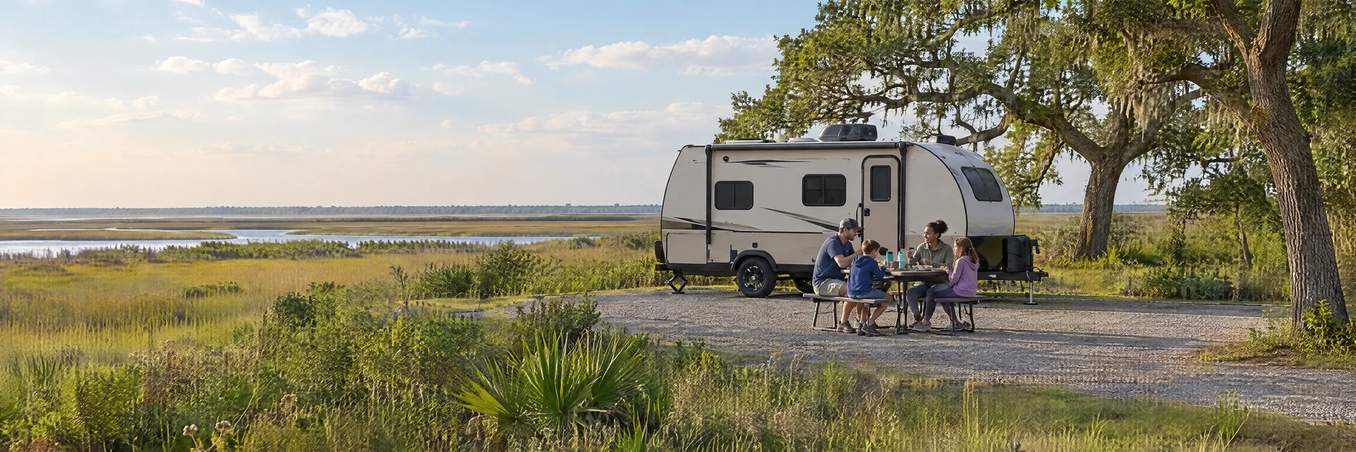 Illustration of campers enjoying a family picnic beside a compact travel trailer in a fictional camping setting inspired by Angleton, TX.
