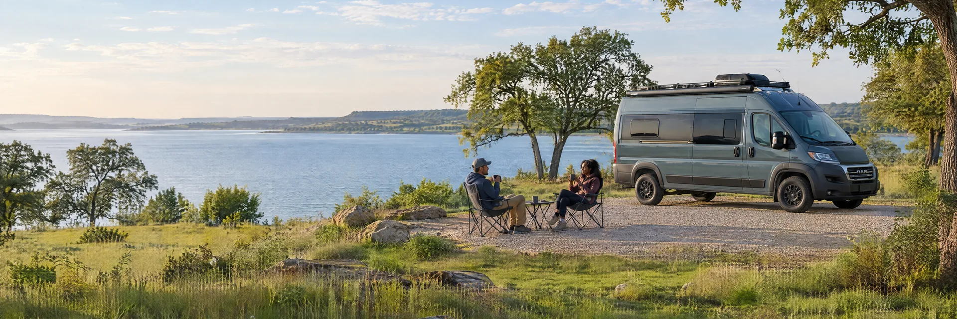Illustration of campers enjoying morning coffee beside a camper van in a fictional camping setting inspired by Arlington, TX.