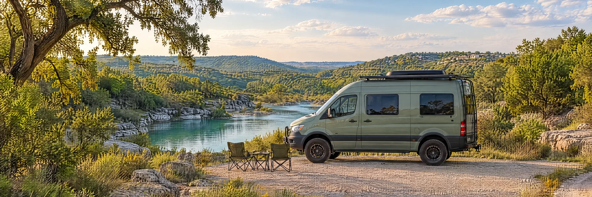 Illustration of a sage-green modern campervan at a fictional camping setting inspired by AUSTIN, TX.