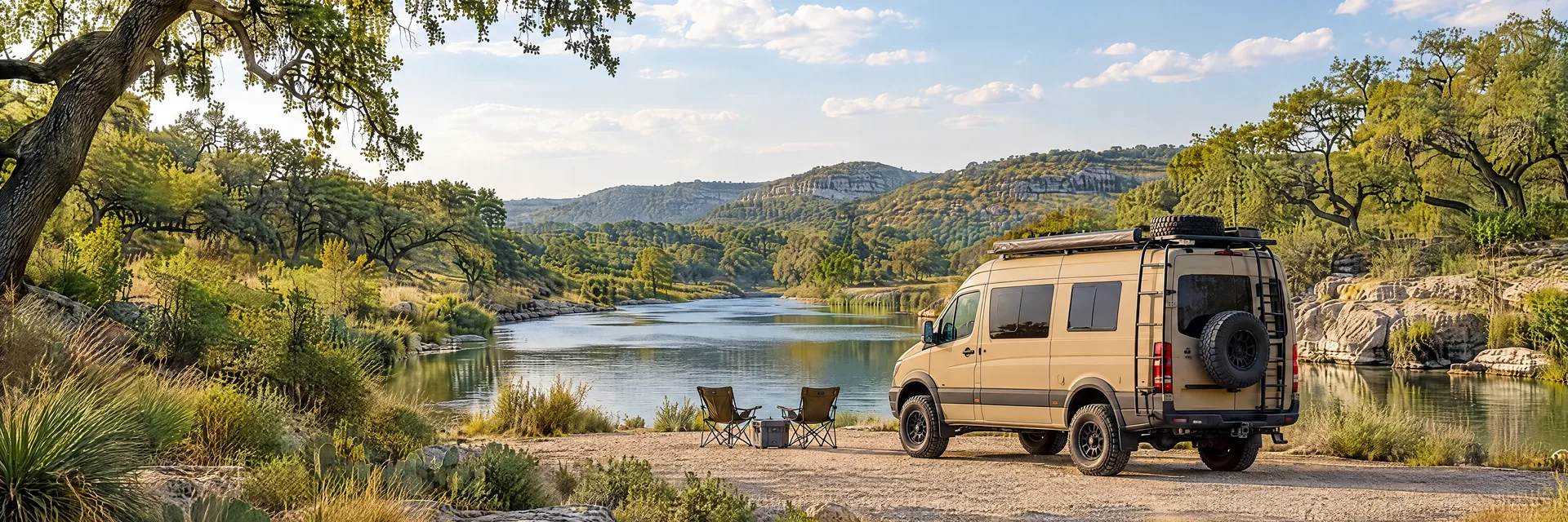 Illustration of a sand-colored rugged campervan at a fictional camping setting inspired by Bandera, TX.