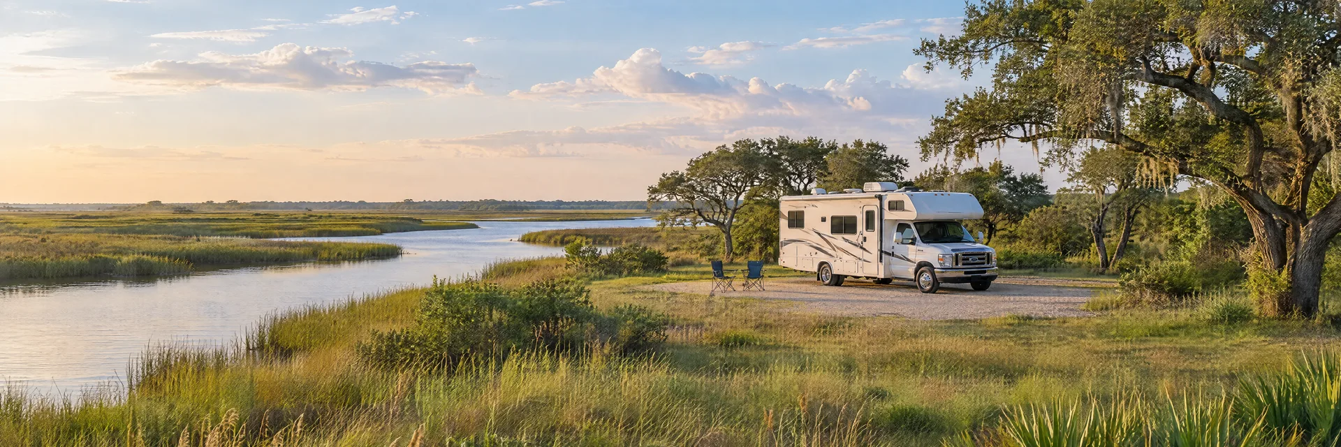 Illustration of a Class C motorhome at a fictional camping setting inspired by Bay City, TX.