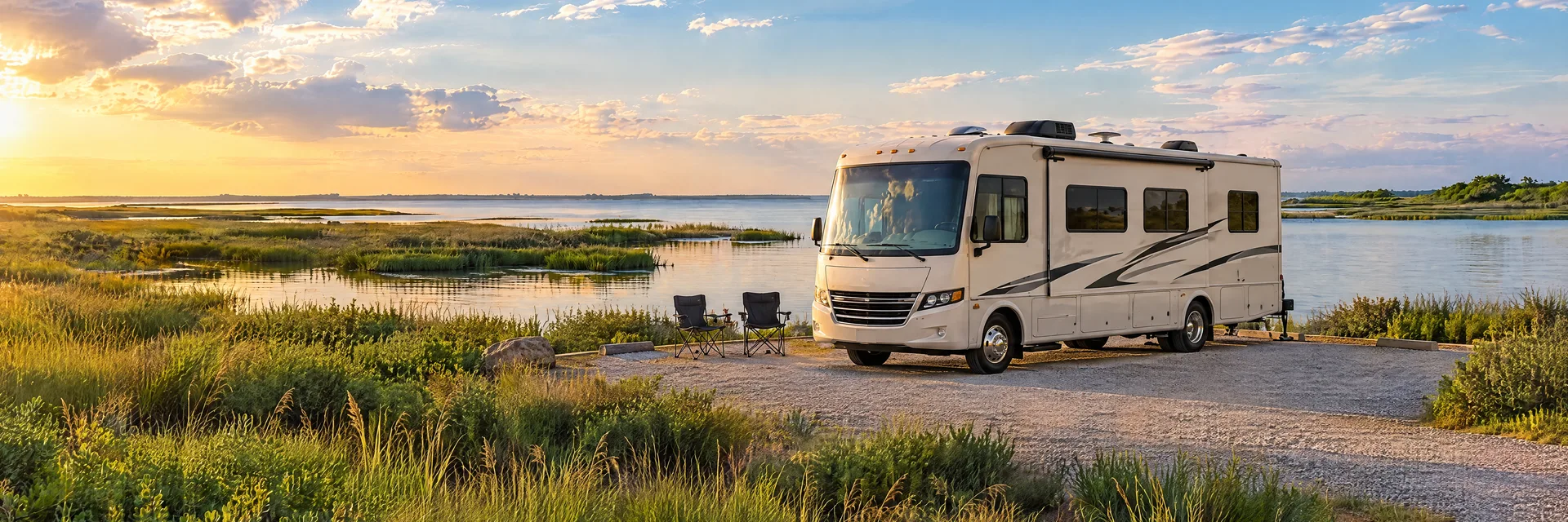 Illustration of a cream Class A motorhome with restrained charcoal trim at a fictional camping setting inspired by Baytown, TX.